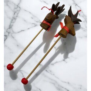 Vintage Wooden Reindeer Head Stick Christmas Ornaments Set Red Bow Rustic Style